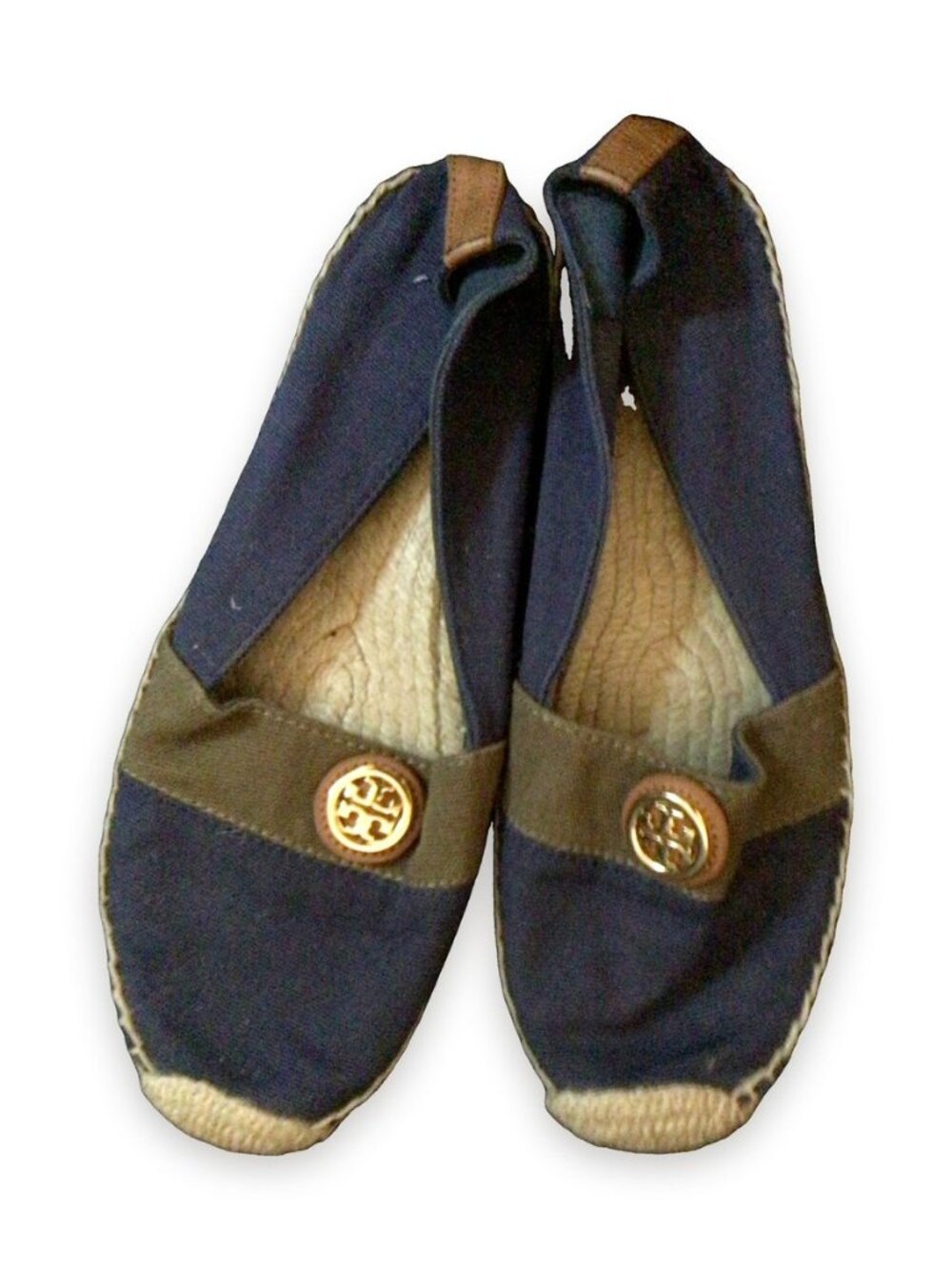 Tory Burch Logo Espadrille Flats Navy Canvas Size 9